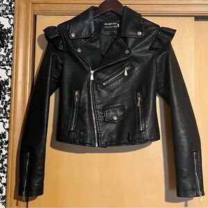 Flamant Rose Vegan Leather Moto Jacket with Ruffled Shoulders!
